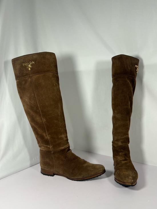 Prada Shoes - Prada Milano Suede Knee High Riding Boots Brown Logo EU 35
